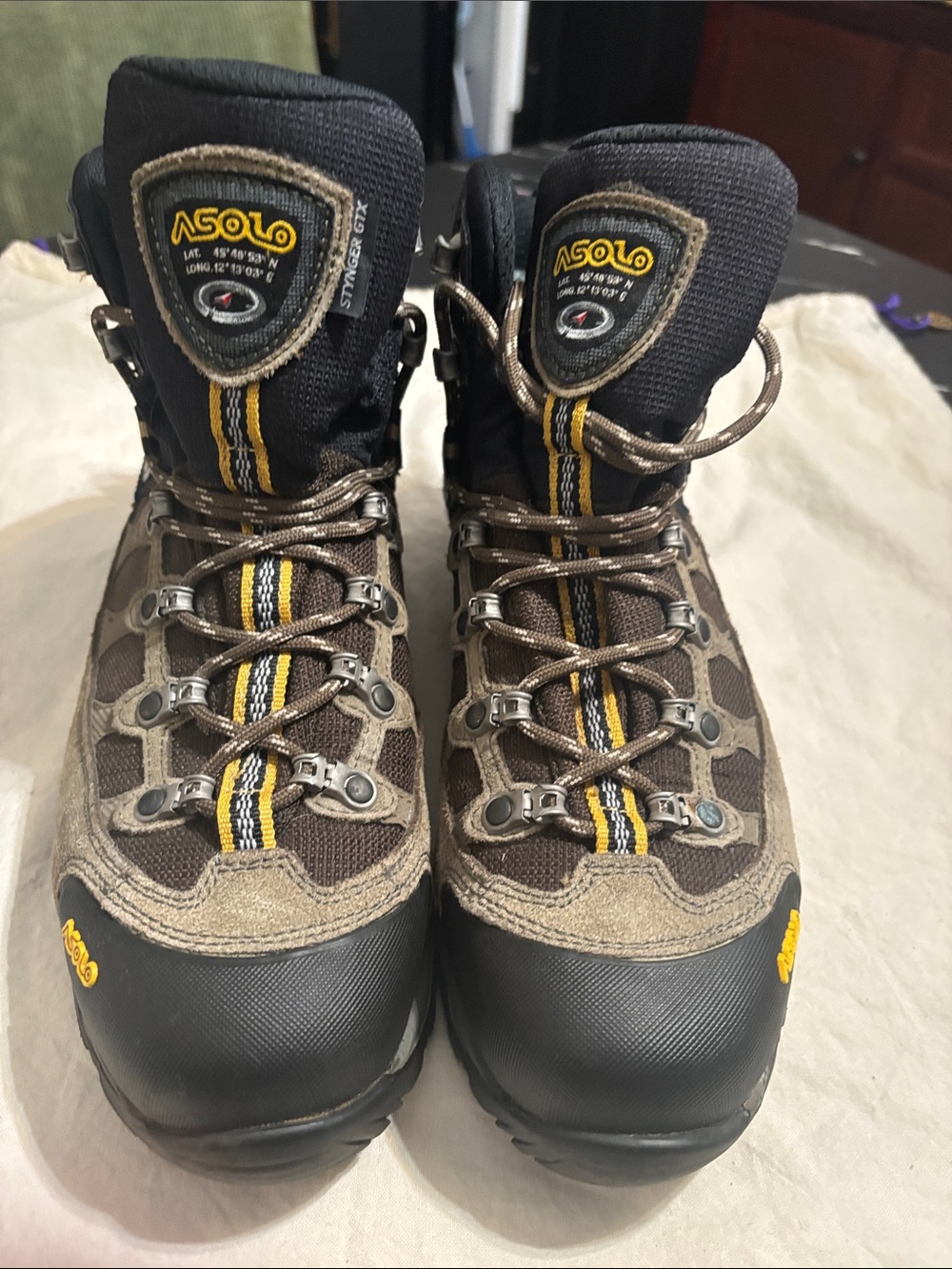 Asolo Brown and Black Hiking Boots with Yellow Stripe